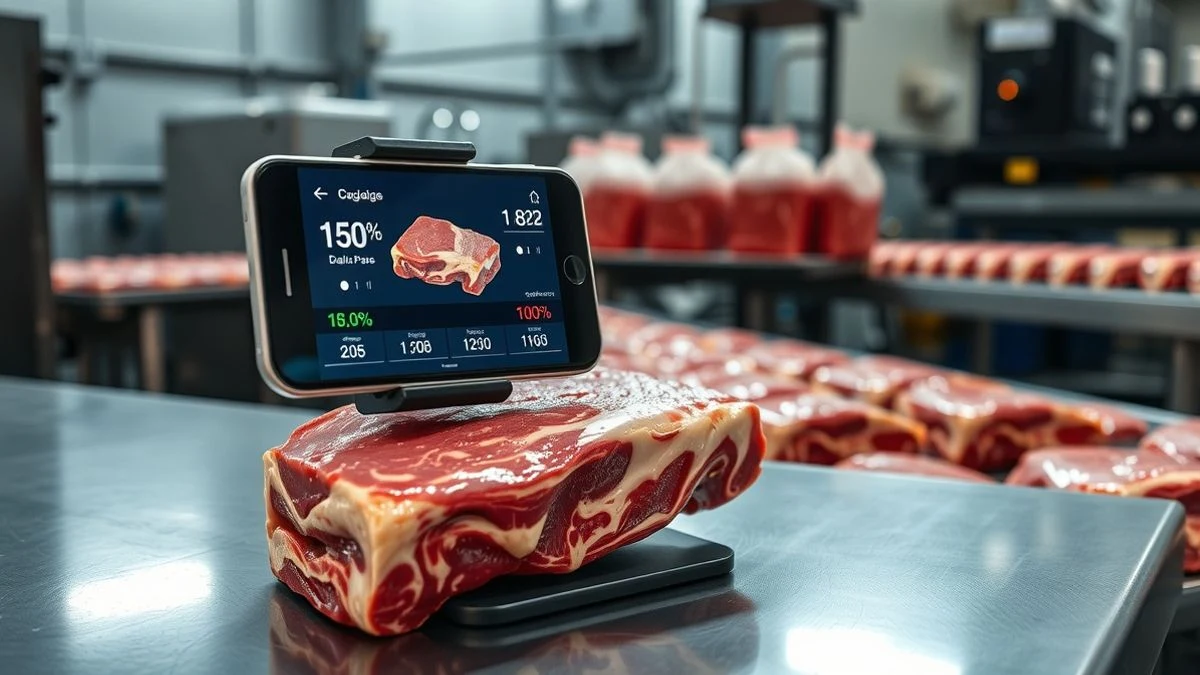 Teléfono móvil sobre un trípode analizando un corte de carne en una mesa de acero inoxidable, con datos digitales superpuestos