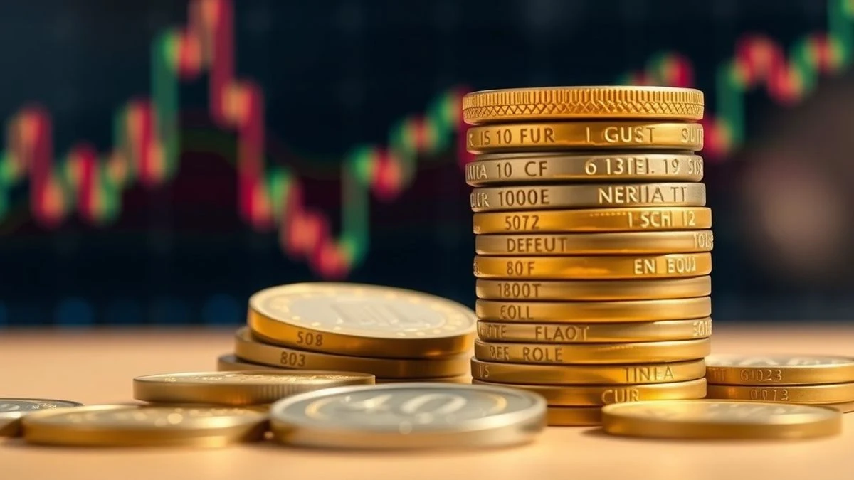 Montón de monedas de euro con gráfico bursátil ascendente al fondo