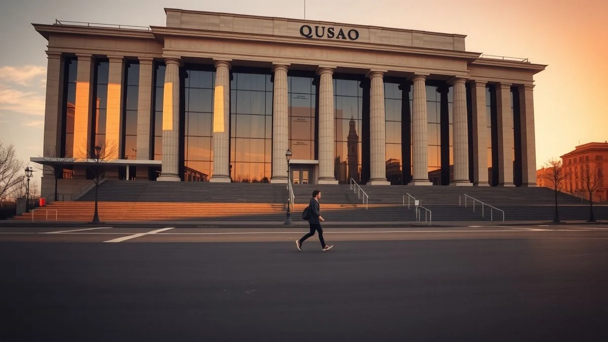 Imagen ilustrativa: Fachada de un edificio institucional moderno al atardecer, con un plaza vacía y una figura diminuta de espaldas.