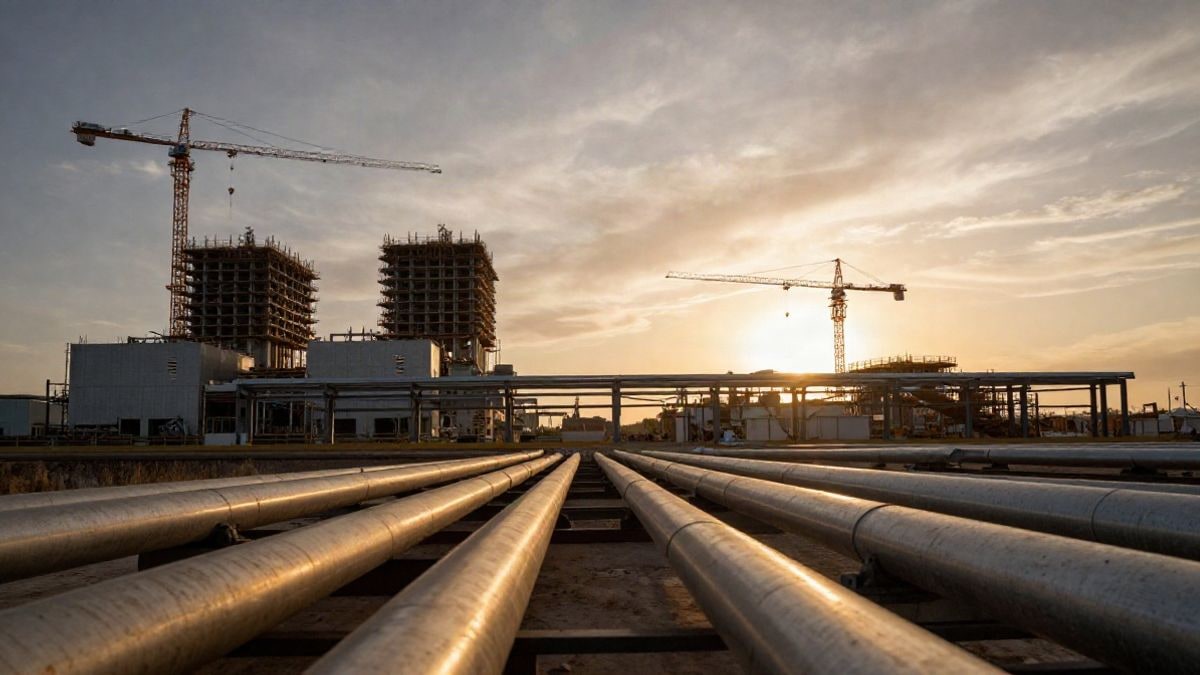 Illustrative image: wide-angle of an energy plant under construction with lines converging at sunset