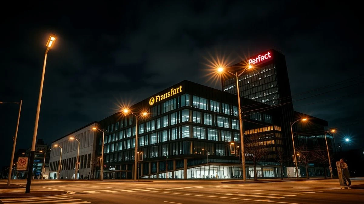 Imagen ilustrativa: fachada del Banco Central Europeo en Fráncfort iluminada de noche