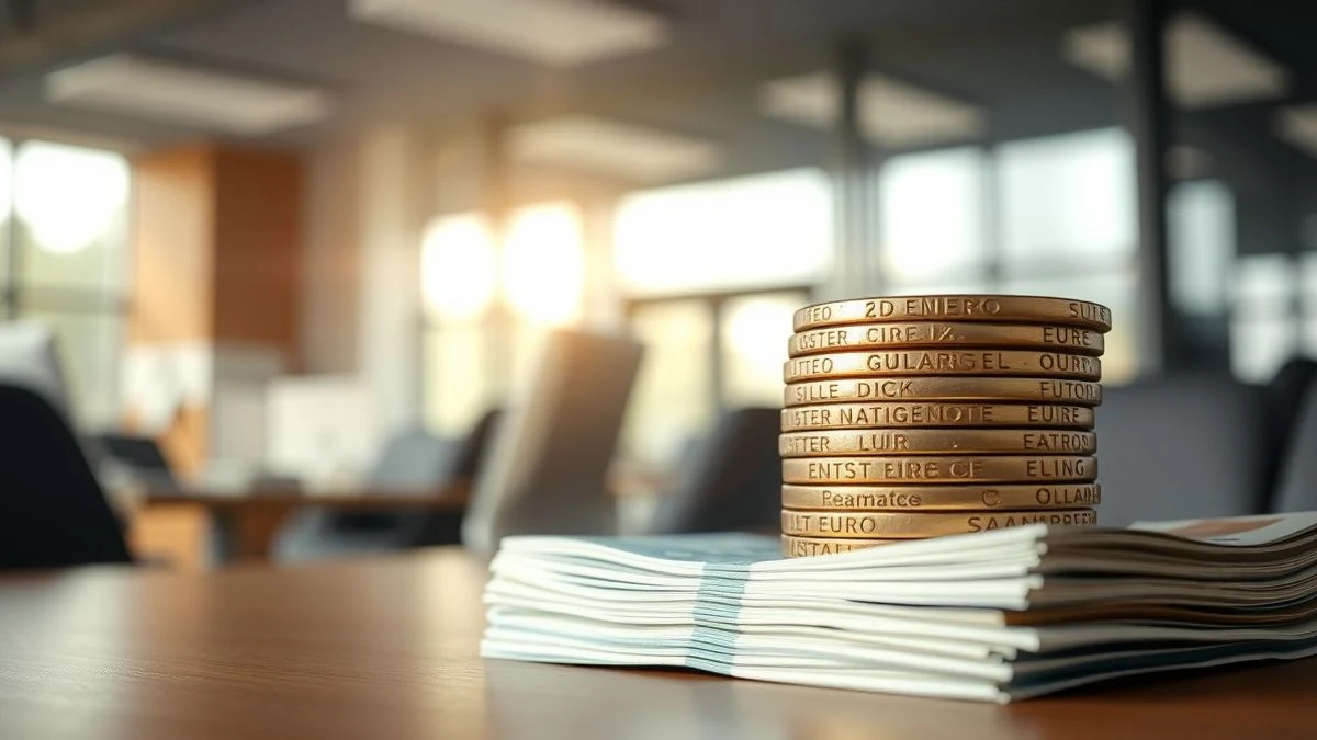 Primer plano de monedas y billetes de euro sobre una mesa, con fondo de oficina desenfocado