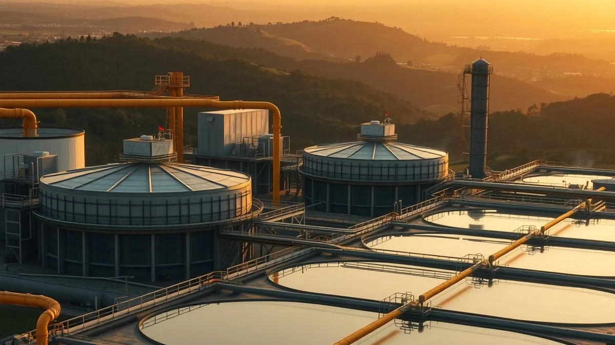 Imagen ilustrativa: planta de tratamiento de agua con tanques y tuberías al atardecer.