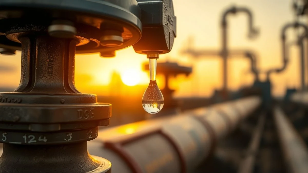 Primer plano lateral de una válvula de oleoducto con una gota de petróleo, luz dorada de atardecer, fondo industrial desenfocado
