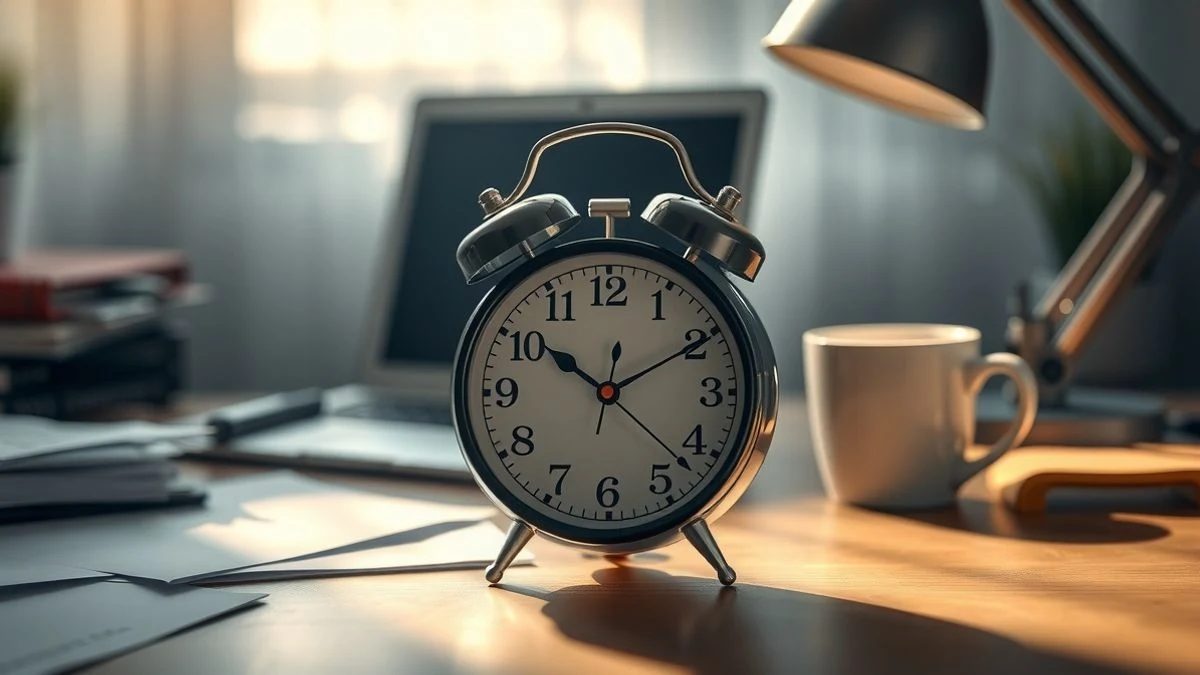 Imagen ilustrativa: un reloj de oficina con las manecillas marcando horas avanzadas, sobre un fondo desenfocado de escritorio con papeles y una taza de café.
