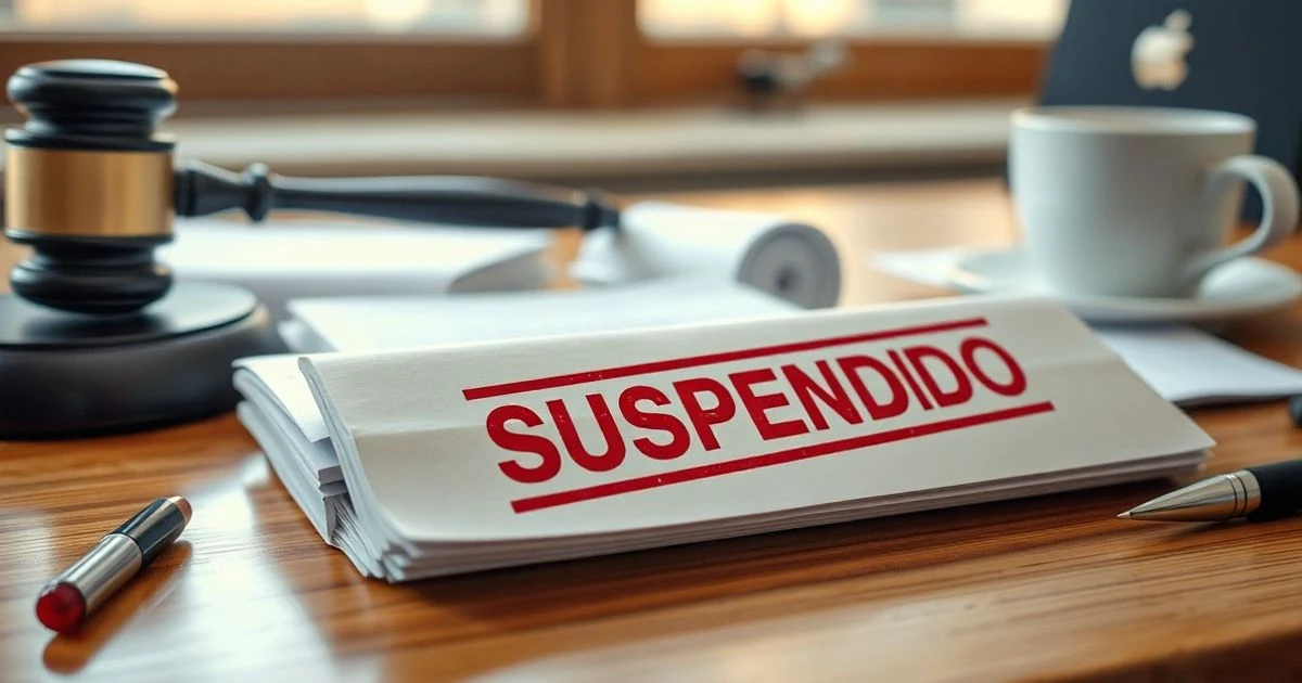 Documentos con un sello rojo de suspendido sobre una mesa de madera, junto a un mazo y una taza de café.