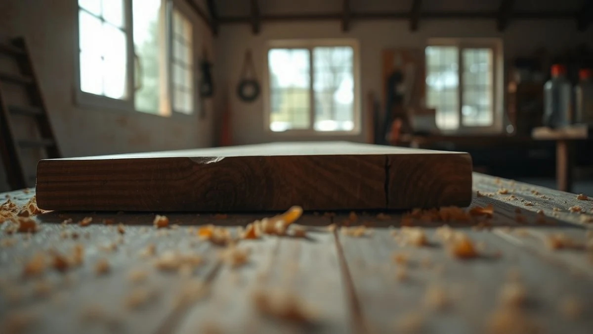 Primer plano de una tabla de madera con serrín sobre una mesa de taller, con cielo de fondo a través de una ventana.
