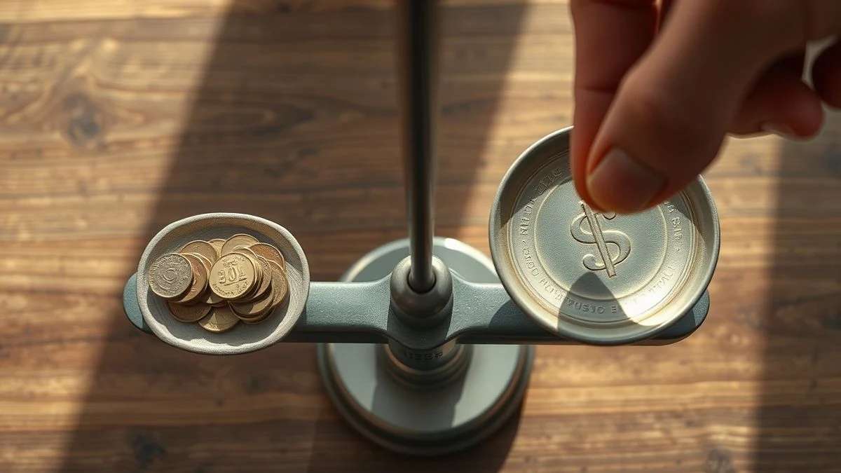 Vista cenital de una balanza con monedas, una mano retira monedas de un lado