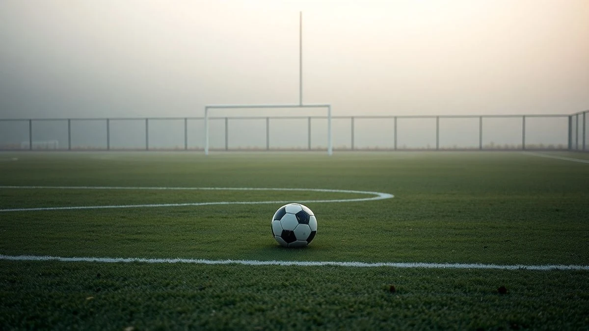 Imagen ilustrativa: un campo de fútbol vacío con un balón en el césped y niebla al fondo