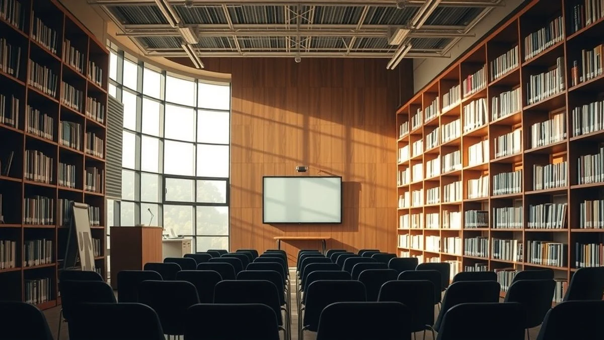 Imagen ilustrativa: interior de una biblioteca moderna con luz natural lateral y una pantalla táctil en primer plano, ambiente de formación empresarial.