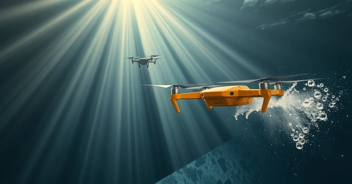 Dron submarino amarillo inspeccionando el muro sumergido de una presa, con rayos de sol bajo el agua