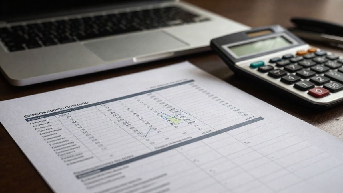Illustrative image: financial document on a table with a laptop and a calculator, in a generic office context.
