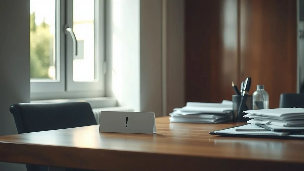 Escritorio vacío de la dirección de Recursos Humanos con placa, iluminado por luz de ventana lateral