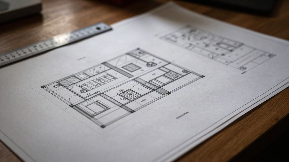 Illustrative image: architectural plans and ruler on a wooden table
