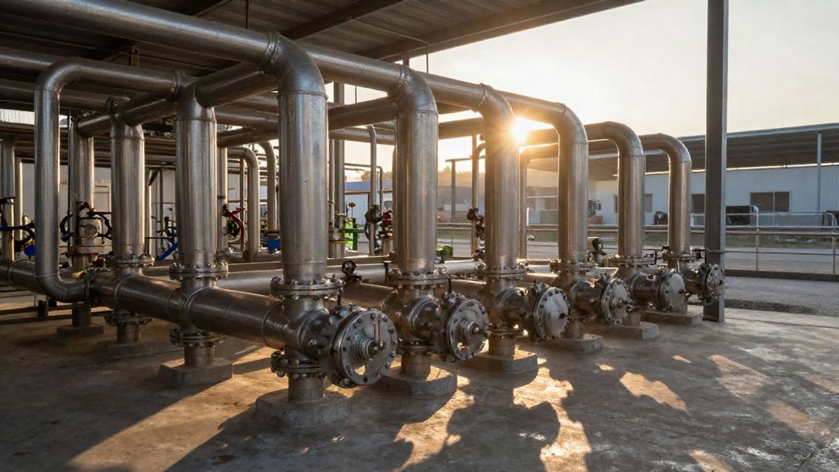 Imagen ilustrativa: intercambiadores de calor industriales de acero inoxidable en una planta, con luz de atardecer.