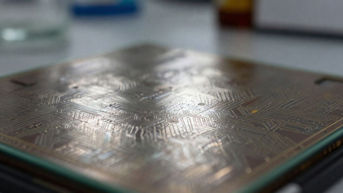 Illustrative image: macro close-up of a silicon wafer with circuits, in a blurred laboratory