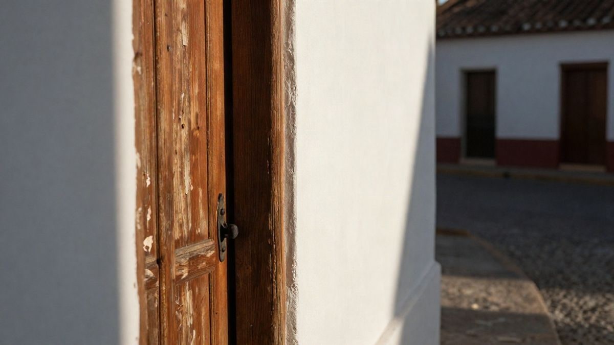 Illustrative image: detail of a worn wooden door on a whitewashed village facade