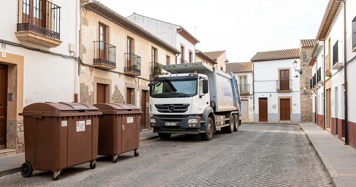 Camión de basura y contenedores marrones en una calle vacía de Lebrija