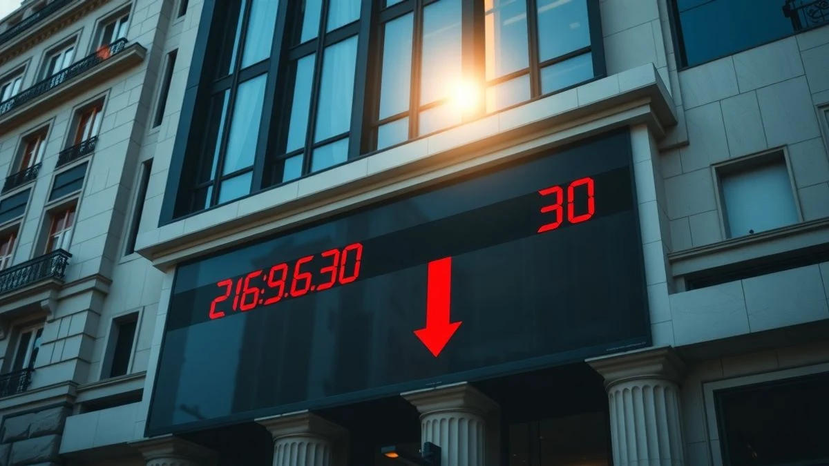 Fachada de la Bolsa de Madrid con pantalla digital mostrando números rojos y flecha hacia abajo