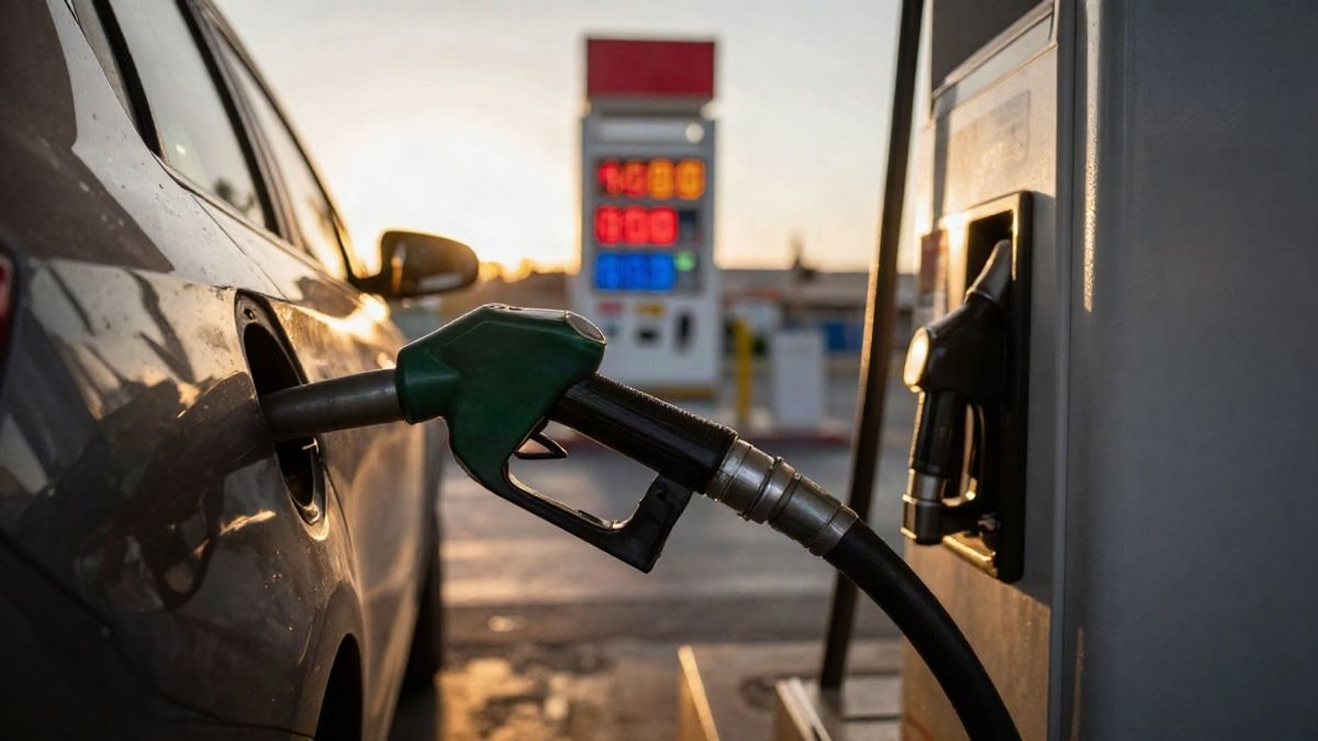 Imagen ilustrativa: surtidor de gasolina con la manguera insertada en el depósito de un coche, al atardecer y con luz cálida de fondo.