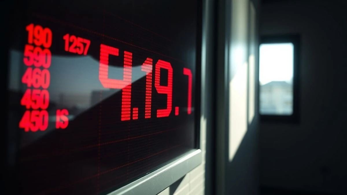 Pantalla de bolsa con números rojos y el Ibex 35 en 19.275,5 puntos, iluminada por luz natural lateral.