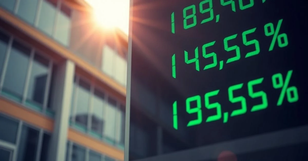 Pantalla de bolsa con números verdes y porcentajes de rentabilidad por dividendo en un contexto de oficina desenfocada.
