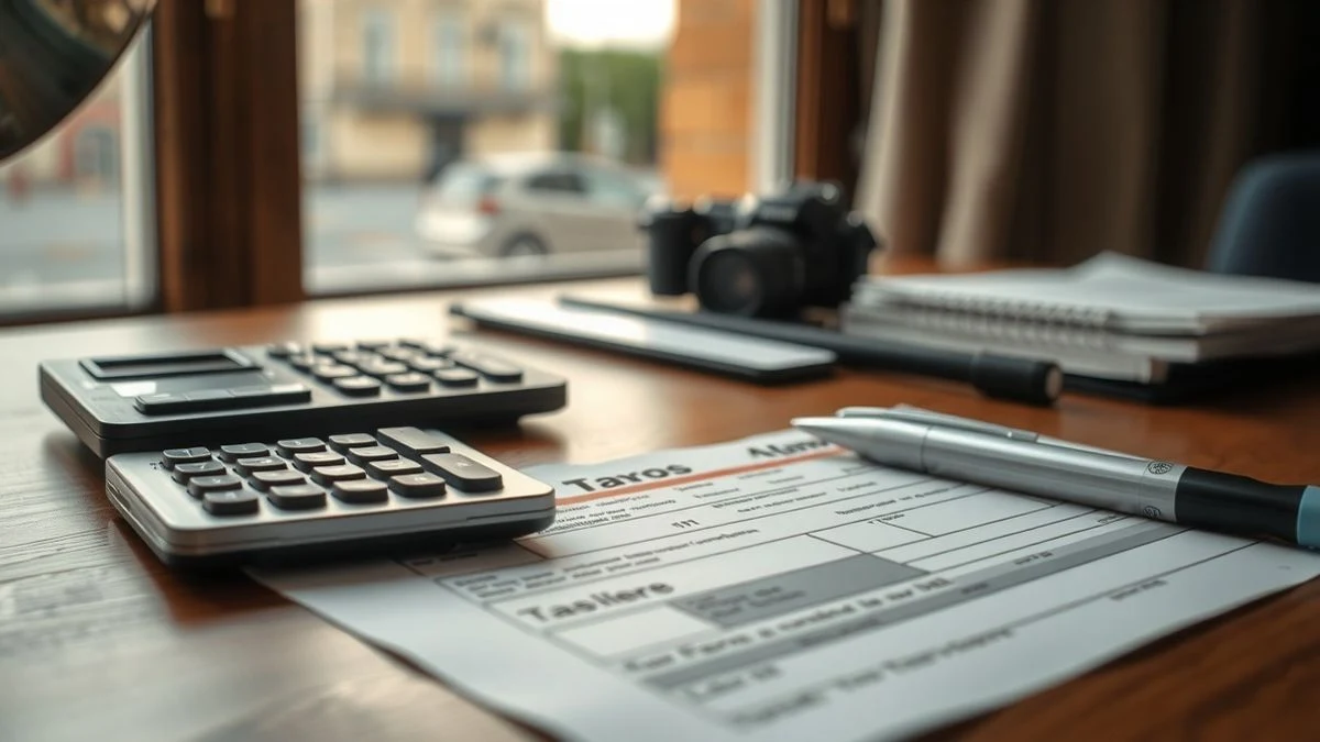 Detalle de un formulario de impuestos sobre una mesa de madera con calculadora y bolígrafo