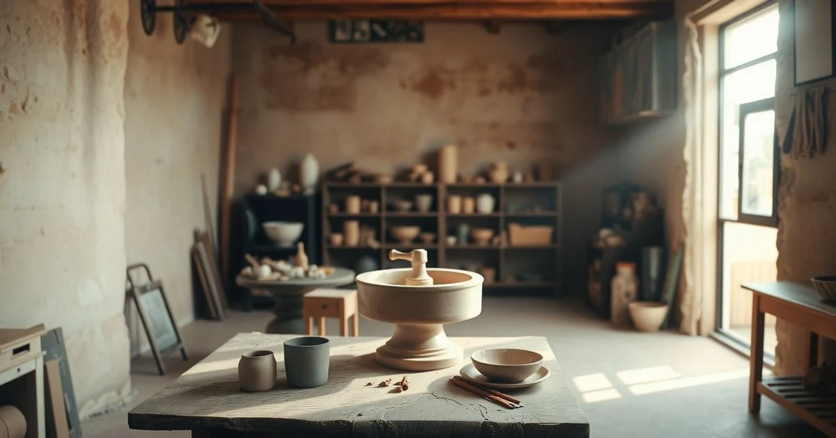 Taller de artesanía vacío en La Gomera con torno de alfarero y herramientas de barro
