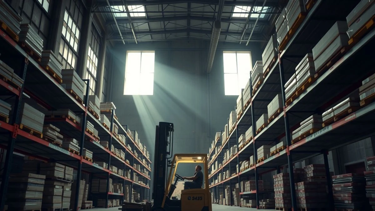 Imagen ilustrativa: interior de un almacén logístico con estanterías y una carretilla elevadora, iluminado por luz natural