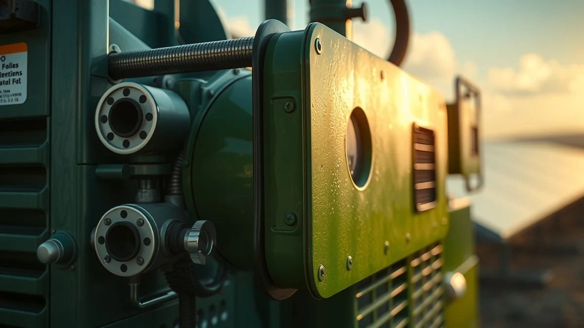 Imagen ilustrativa: detalle de un electrolizador industrial con paneles solares al fondo, luz de atardecer