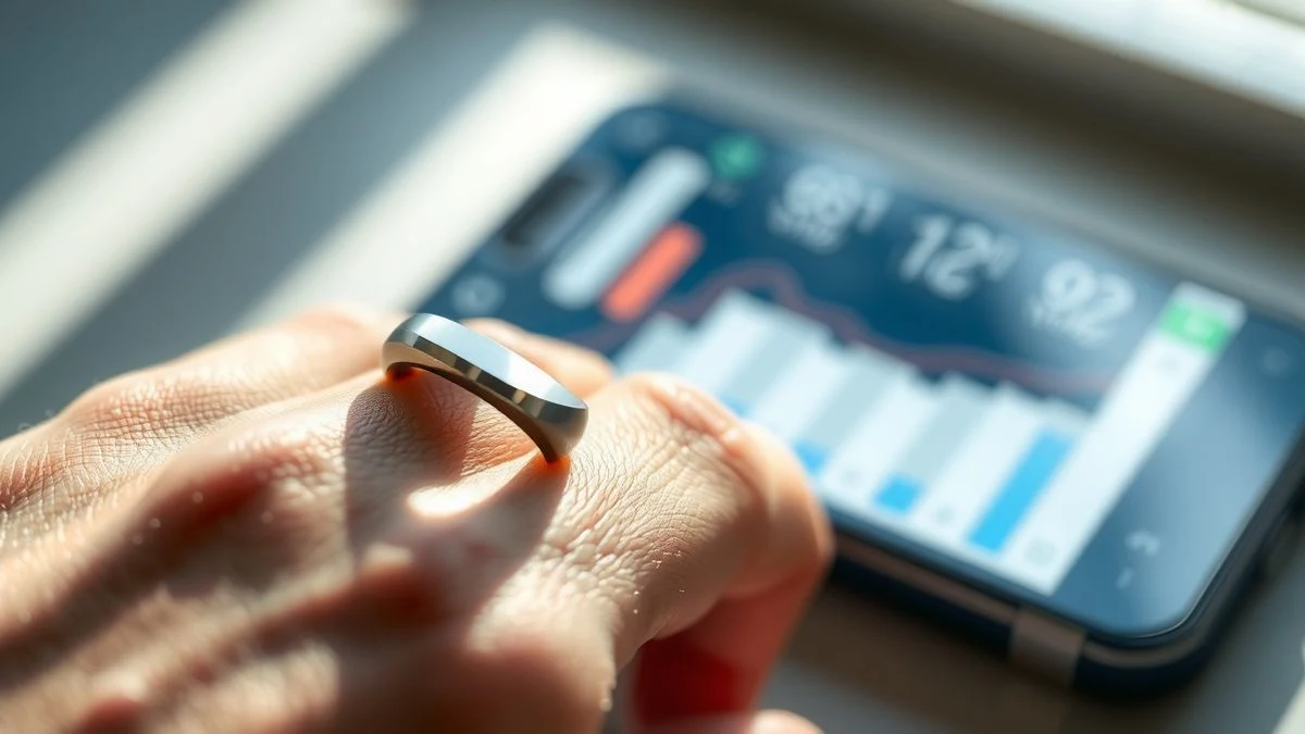 Imagen ilustrativa: un anillo inteligente de diseño moderno sobre un dedo, con un teléfono móvil de fondo mostrando datos de salud.