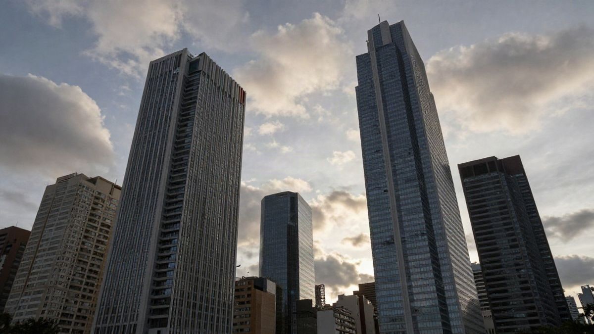 Imagen ilustrativa: vista de un distrito financiero moderno con rascacielos al atardecer, nubes dramáticas en el cielo, sin personas ni lugares identificables.