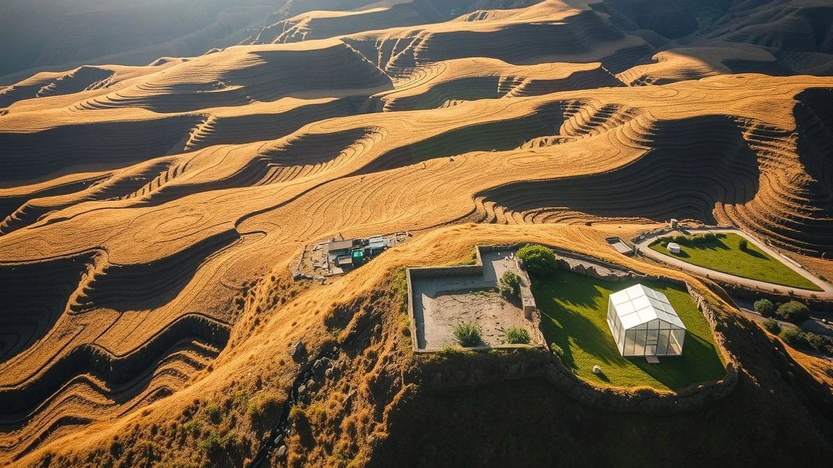 Imagen ilustrativa: vista aérea de un paisaje rural con terrazas de cultivo y un invernadero pequeño al amanecer.