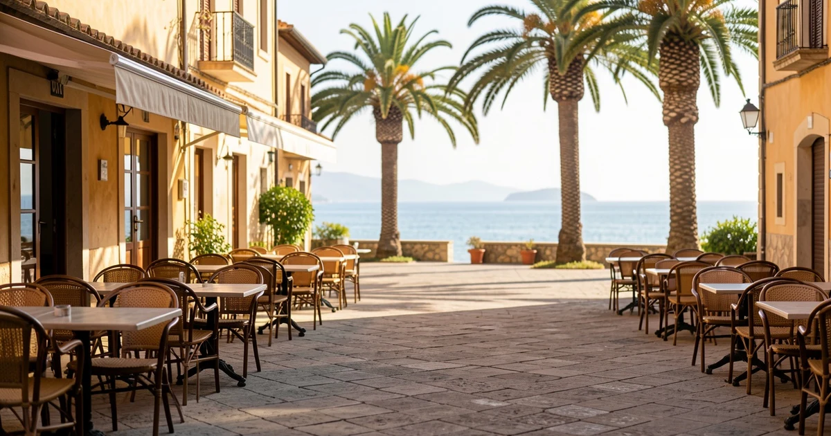 Plaza soleada de Nerja con terrazas vacías y palmeras al fondo