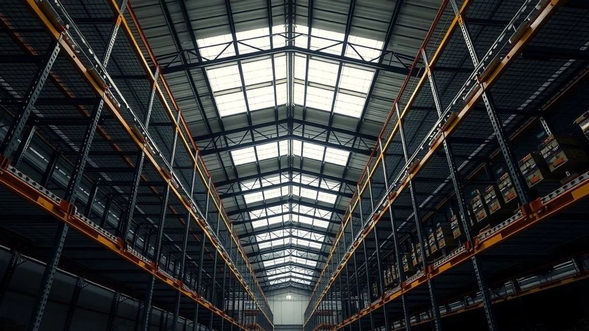Imagen ilustrativa: interior de un almacén industrial con estanterías metálicas y luz natural que entra por claraboyas.