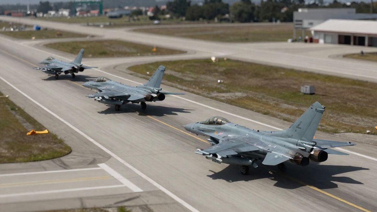 Imagen ilustrativa: vista aérea de una base militar con cazas en la pista, representando operaciones de defensa y preparación militar.
