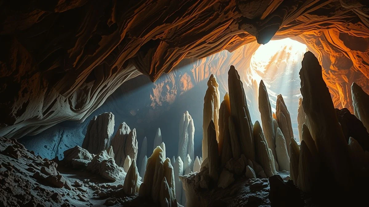 Imagen ilustrativa: interior de una cueva con enormes cristales de selenita iluminados por una luz cálida, con una figura diminuta al fondo.