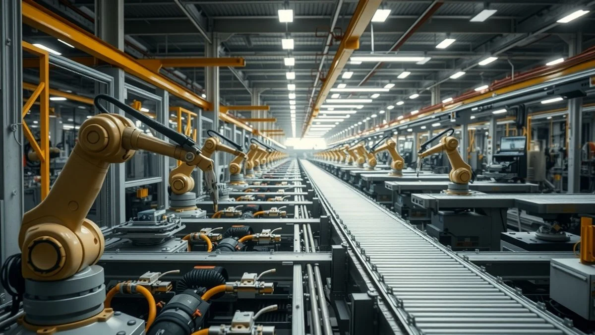 Imagen ilustrativa: vista aérea de una cadena de producción industrial con brazos robóticos y cintas transportadoras en una fábrica de componentes de automoción.