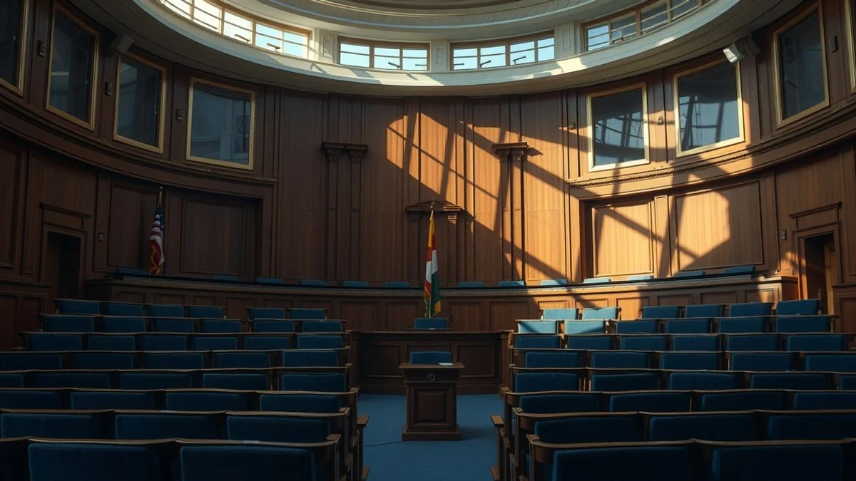 Imagen ilustrativa: interior de un parlamento autonómico vacío con luz de ventana lateral y un atril al fondo.