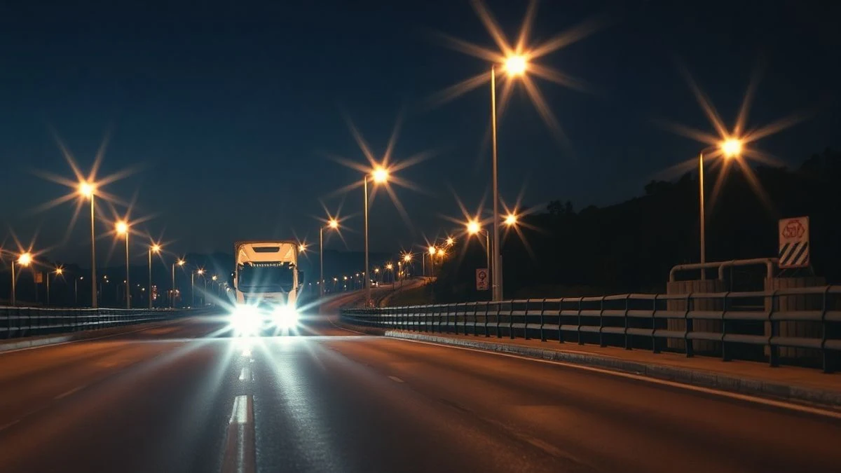 Imagen ilustrativa: carretera de noche con un camión en movimiento y estelas de luz artificial
