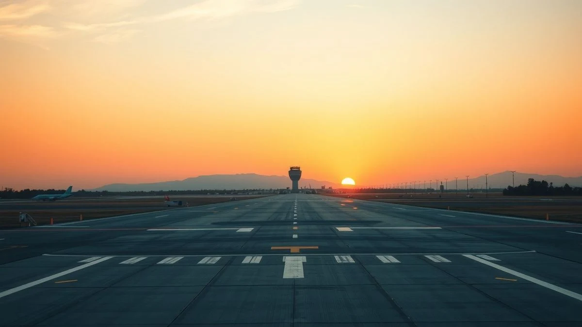 Imagen ilustrativa: pista de aeropuerto vacía al atardecer con torre de control al fondo.