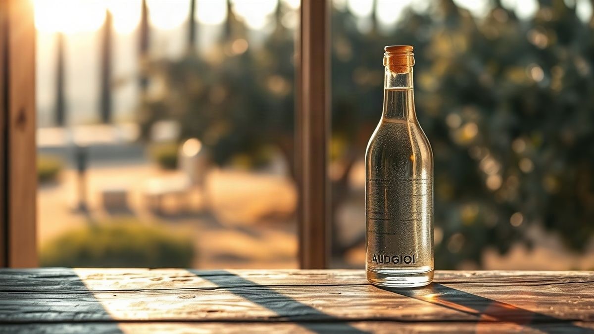 Illustrative image: bottle of olive oil on a wooden table with an out-of-focus olive grove in the background
