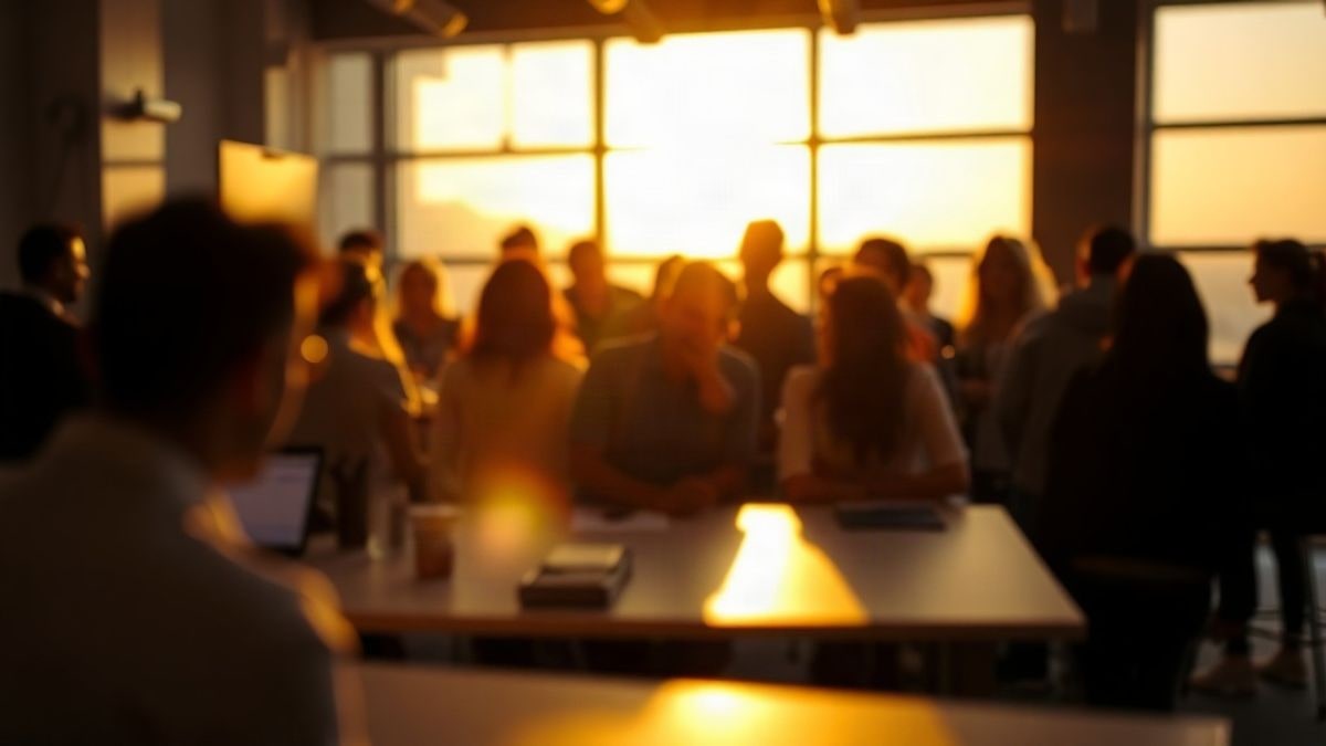 Imagen ilustrativa: siluetas de asistentes a un taller con ordenadores a contraluz del atardecer