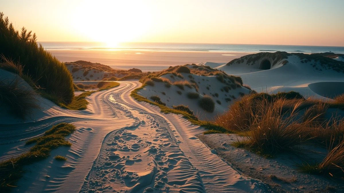 Sendero costero con dunas erosionadas y túnel submedanal al atardecer