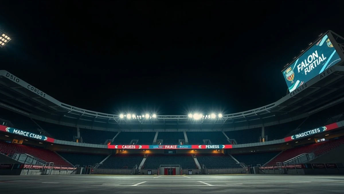 Imagen ilustrativa: exterior nocturno de un estadio de fútbol iluminado por focos y letreros de neón, sin personas ni logos identificables.