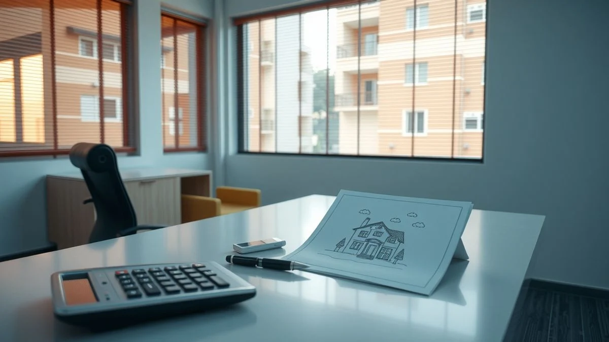 Escritorio de banco con calculadora y documento con boceto de casa