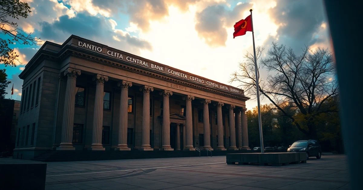 Fachada de un banco central con columnas clásicas y luz de atardecer, sin personas ni logos