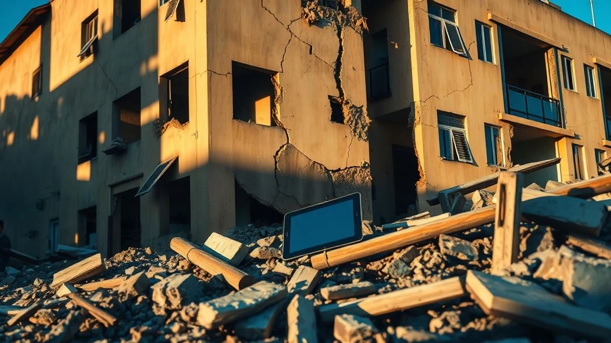 Edificio dañado con grietas y escombros, con una tableta digital sobre los restos, a la luz del atardecer.