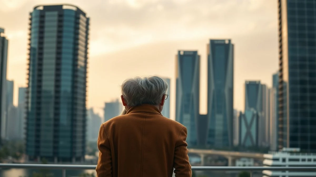 Siluetas de dos personas al atardecer frente a un horizonte urbano con edificios financieros, simbolizando la transferencia de riqueza entre generaciones