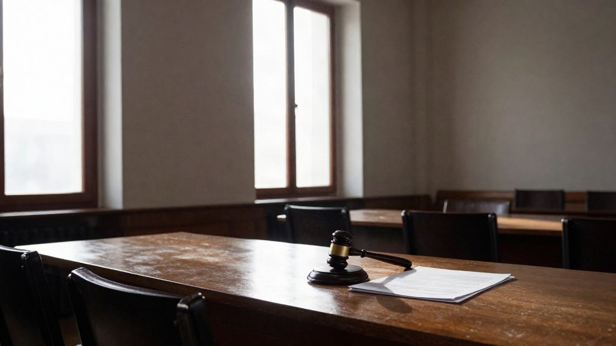 Illustrative image: interior of an institutional meeting room with side light coming through a window and a wooden table with documents.